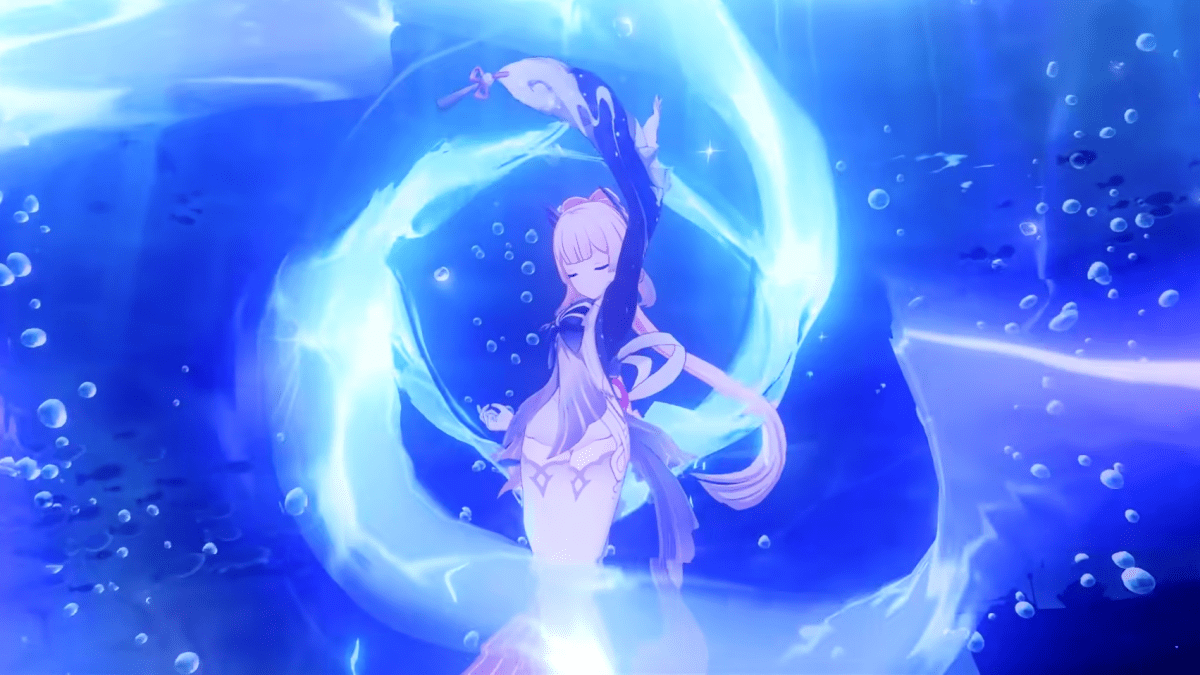 Kokomi surrounded by Hydro swirling around her as she uses her elemental burst.