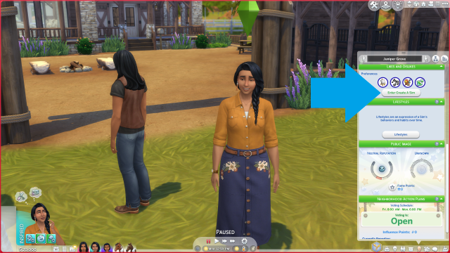 A Sim standing outside smiling and an arrow pointing at the open Simology panel where the likes and dislikes are. 