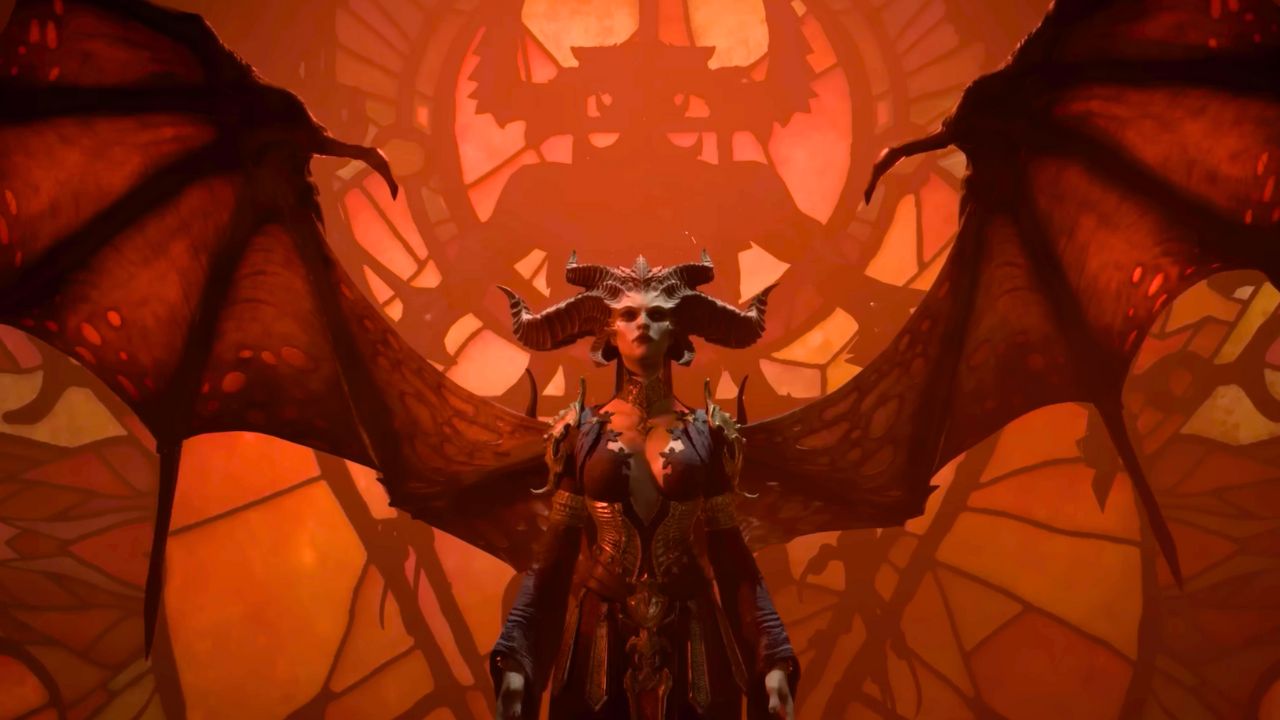 A woman with horns and wings in front of stained glass in Diablo 4