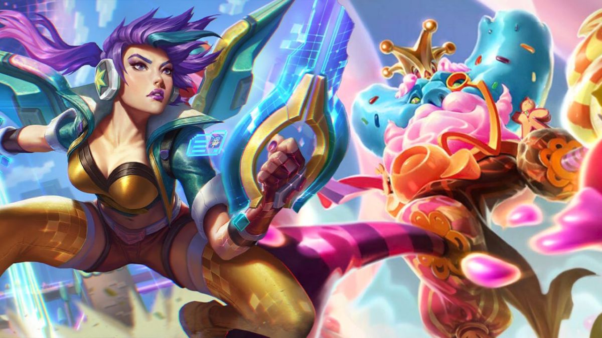 Woman wielding guns and a large candy tree in League of Legends