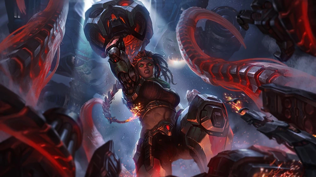 A character lifts a giant metal flail over her head while red metallic tentacles spring up from around them, twisting in multiple directions.