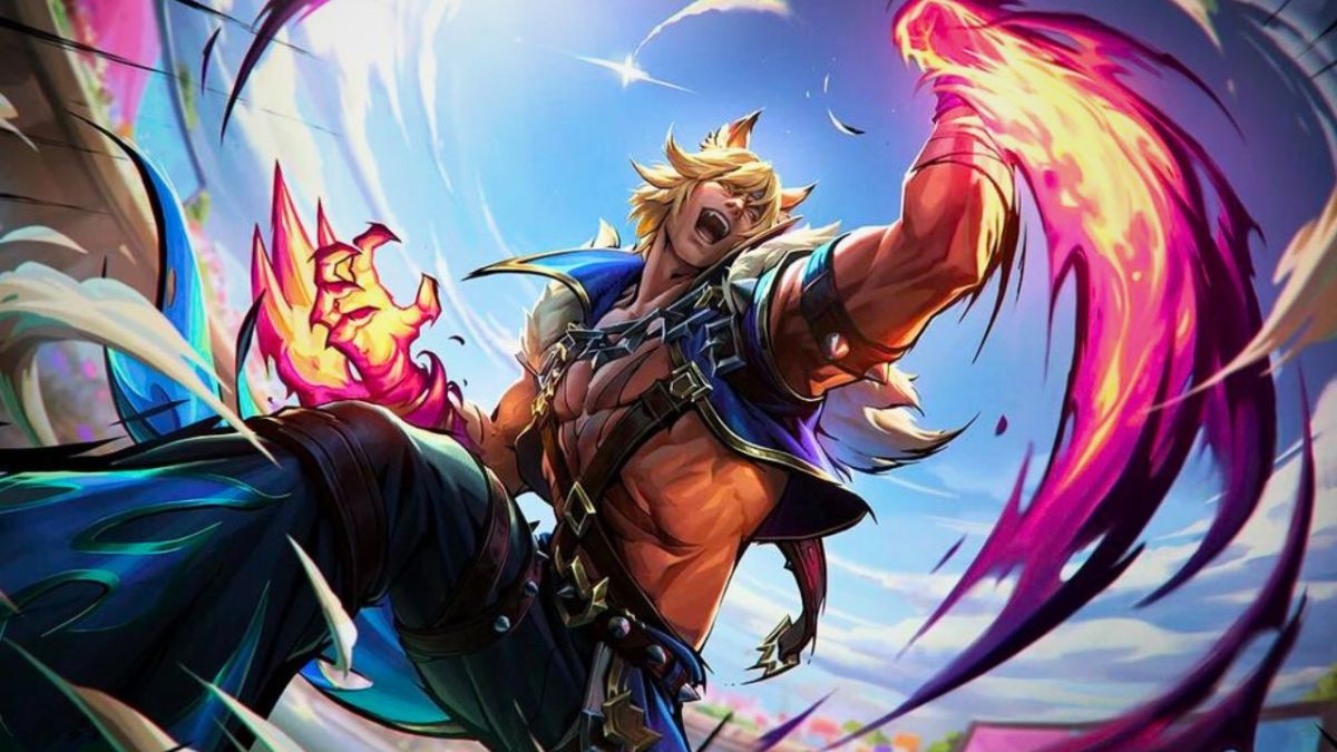 Man with ears punching the sky with fiery hands and claws in League of Legends