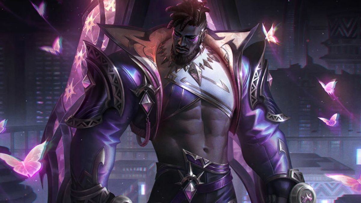 Man wearing leather and metal armor surrounded by butterflies in League of Legends