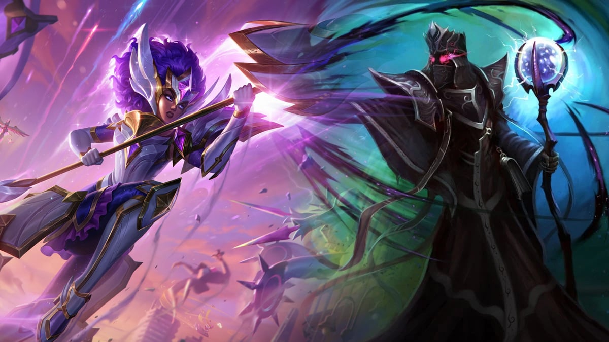 Rell (left) in white futuristic armor, charges into battle with a giant purple and gold lance with a purple and pink background. Karthus (right) a corporeal spirit, holds a staff with a white orb and charges a blast of pink light with his right hand in League of Legends.