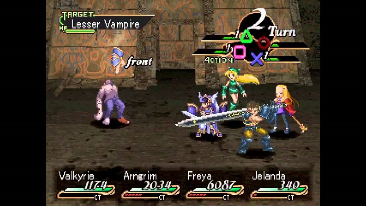 An image of Valkyrie Lenneth in battle against a Lesser Vampire with her party in Valkyrie Profile.