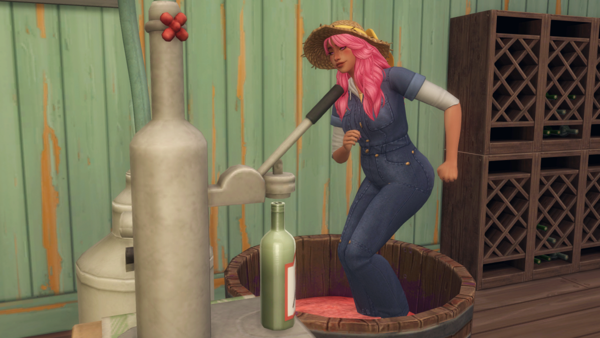 A Sim making Nectar with the Nectar makig machine by stepping on fruit.