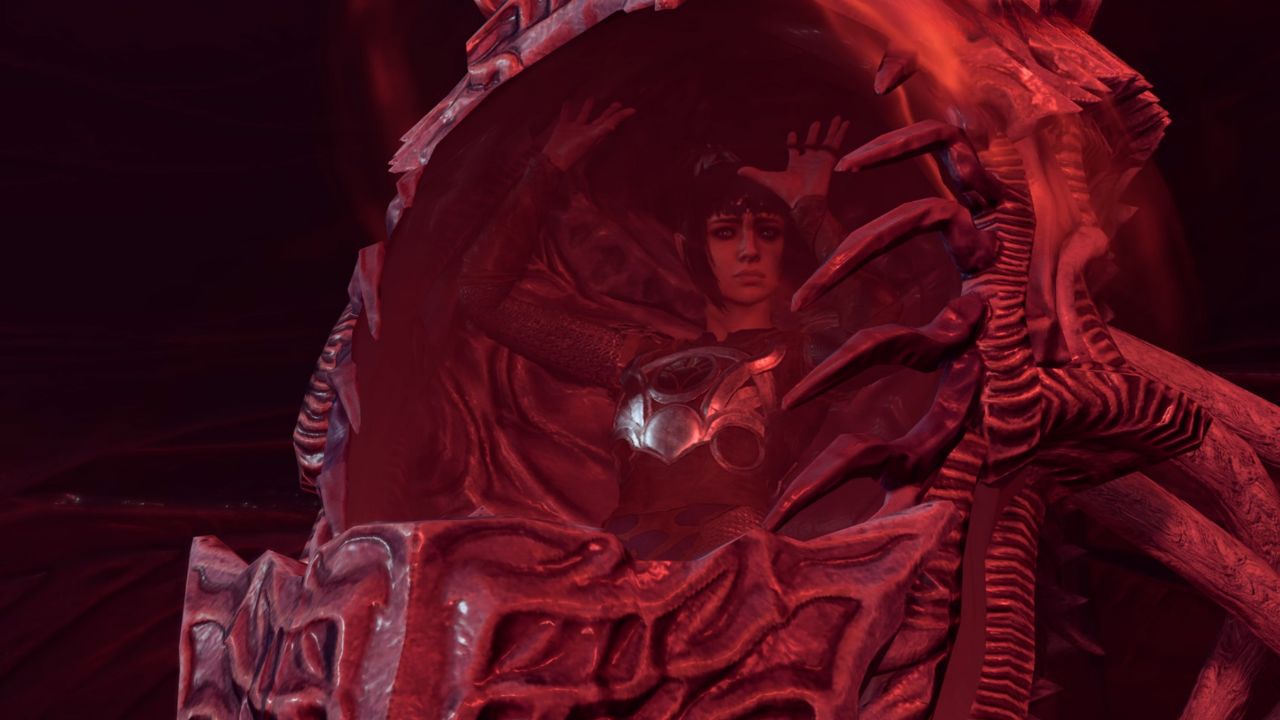 Woman shrouded in red as she's trapped in an alien pod Baldur's Gate 3