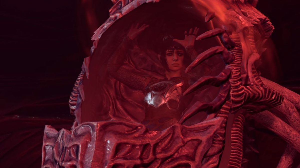 Woman shrouded in red as she's trapped in an alien pod Baldur's Gate 3