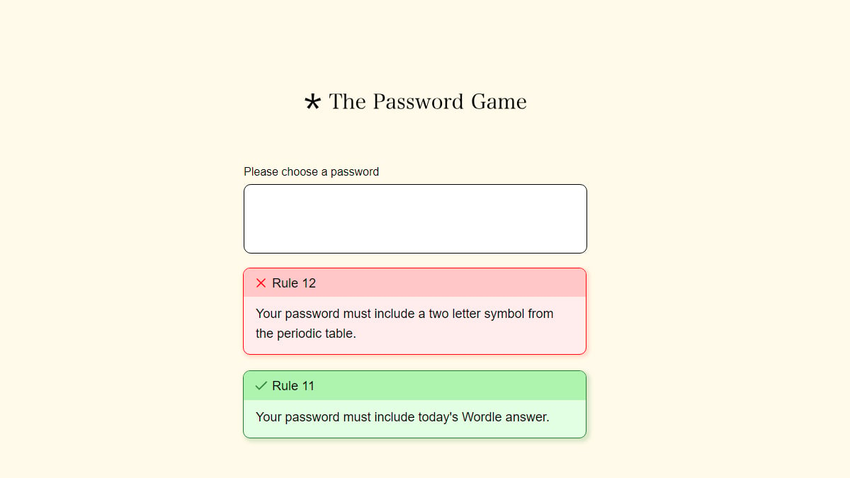 A screenshot of a browser window with The Password Game, with a red and green ruleset listed.