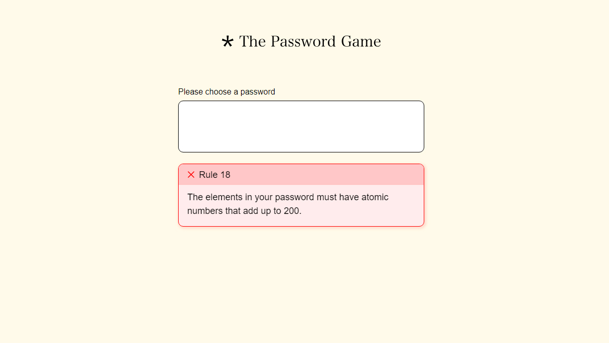 A screenshot of a browser game with a text box for entry, and a red rule box explaining a rule in The Password Game.