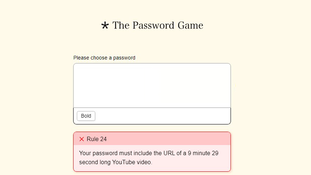 A screenshot of The Password Game, with a red box highlighting a rule that has been broken.