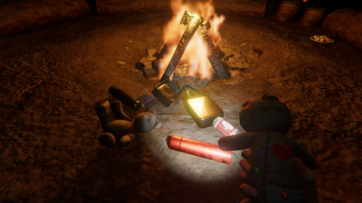 A bunch of random objects including a teddy bear, some cooking pans, and a book that were thrown by the ghost while the player is holding and using the Voodoo Doll in front of a lit campfire in Phasmophobia.