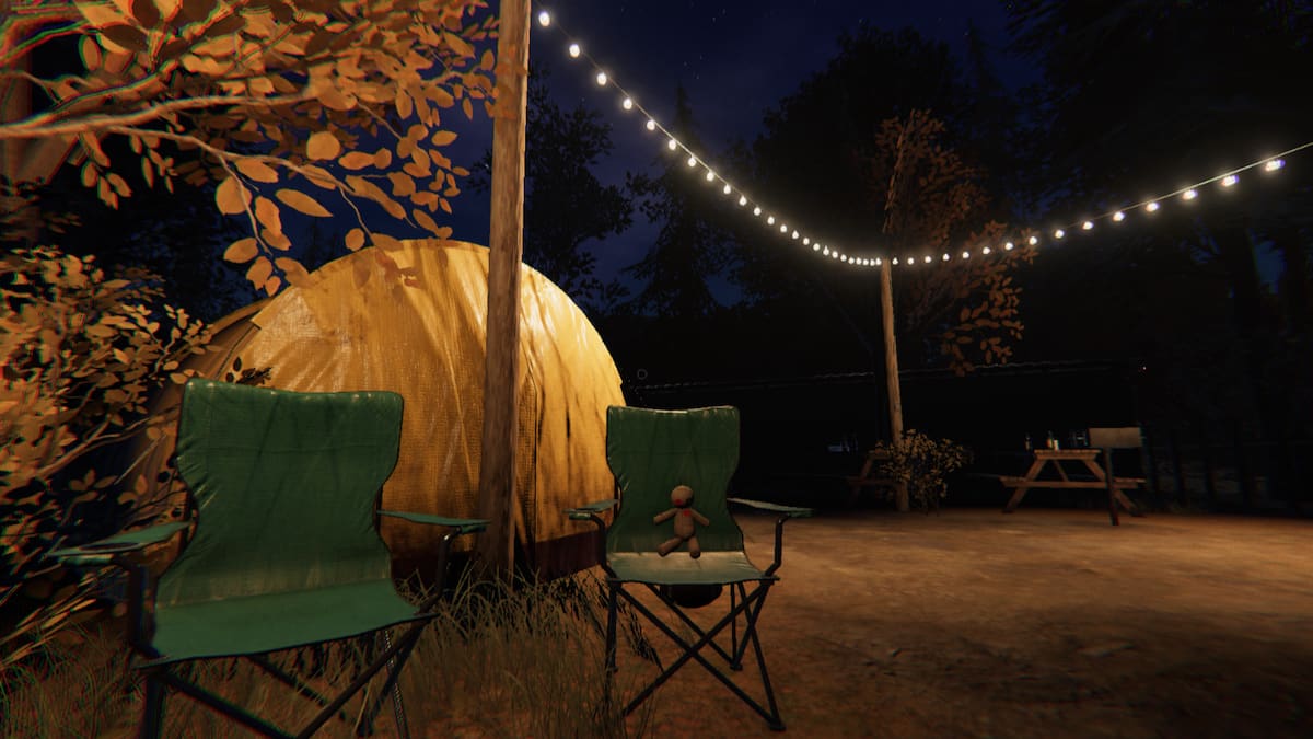 A Voodoo Doll sitting on a green campfire chair under some string lights in Phasmophobia.