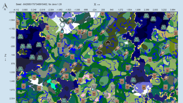 A map of the -8420851757348915402 seed in Minecraft.