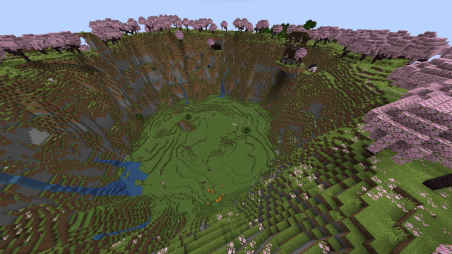 A circular cherry blossom biome with a pillager output sitting on the edge in Minecraft.