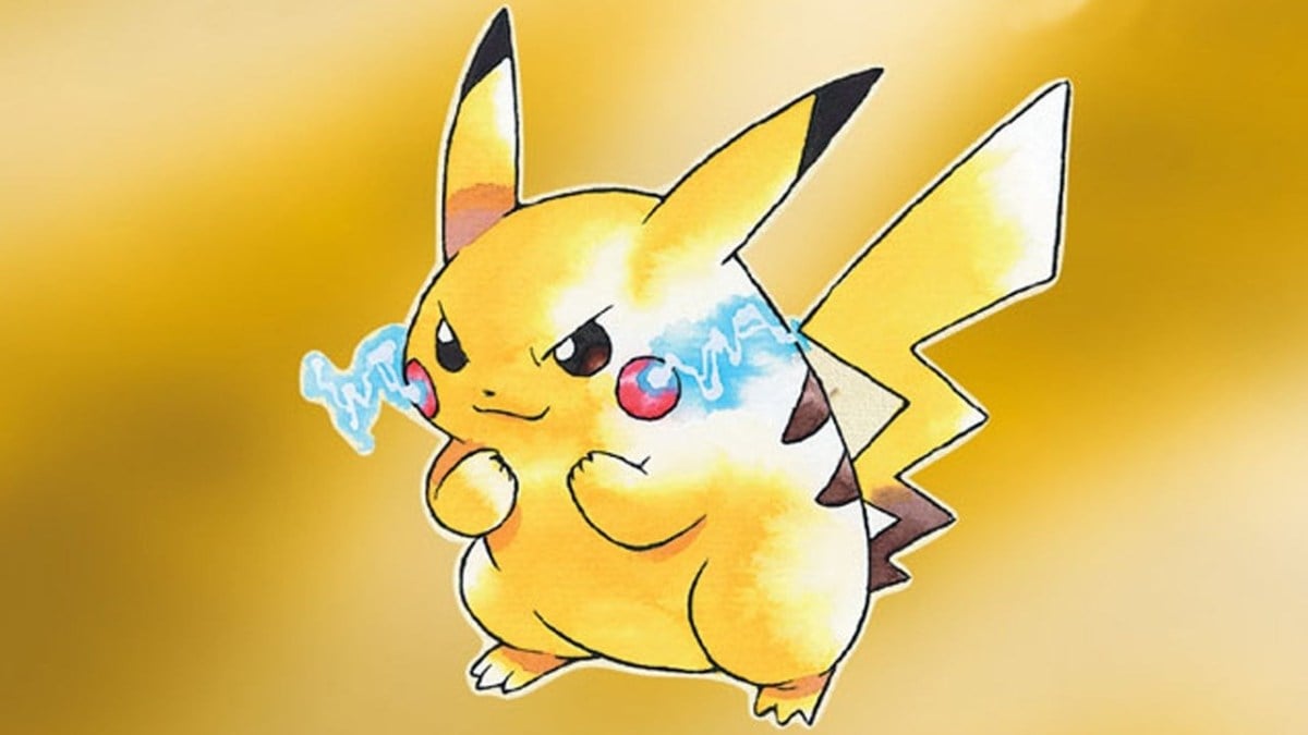 An illustration of Pikachu, a small rat-like Pokemon with a lightning bolt for a tail and red cheeks with blue lightning coming out of its face.