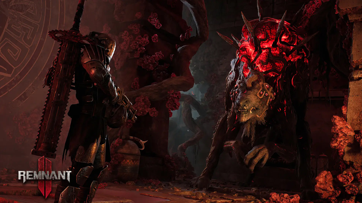 A character in armor and wielding a giant sword faces off against a red and black abomination outside of a broken wall and building in Remnant 2.