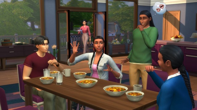 Sims eat at a dinner table.