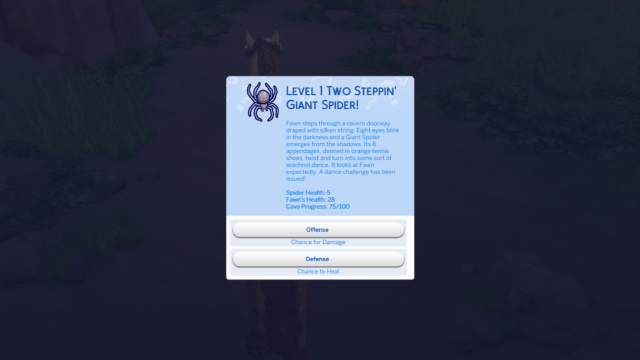 A pop-up from Dreadhorse Caverns asking players to take offense or defense against a spider.
