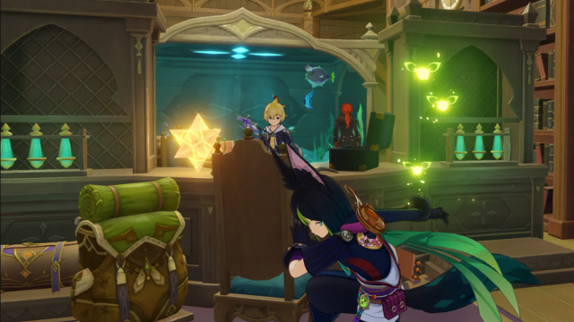 Tighnari standing near a desk where Mika and Diluc are hanging out.