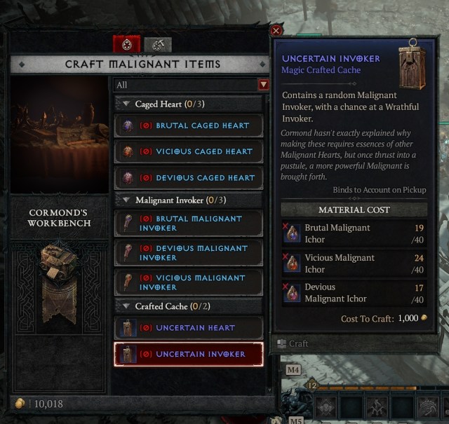A screenshot of the crafting menu at Cormond's Workbench in Diablo 4.