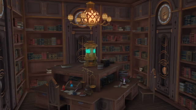A cluttered study corner in the Windward Manor.