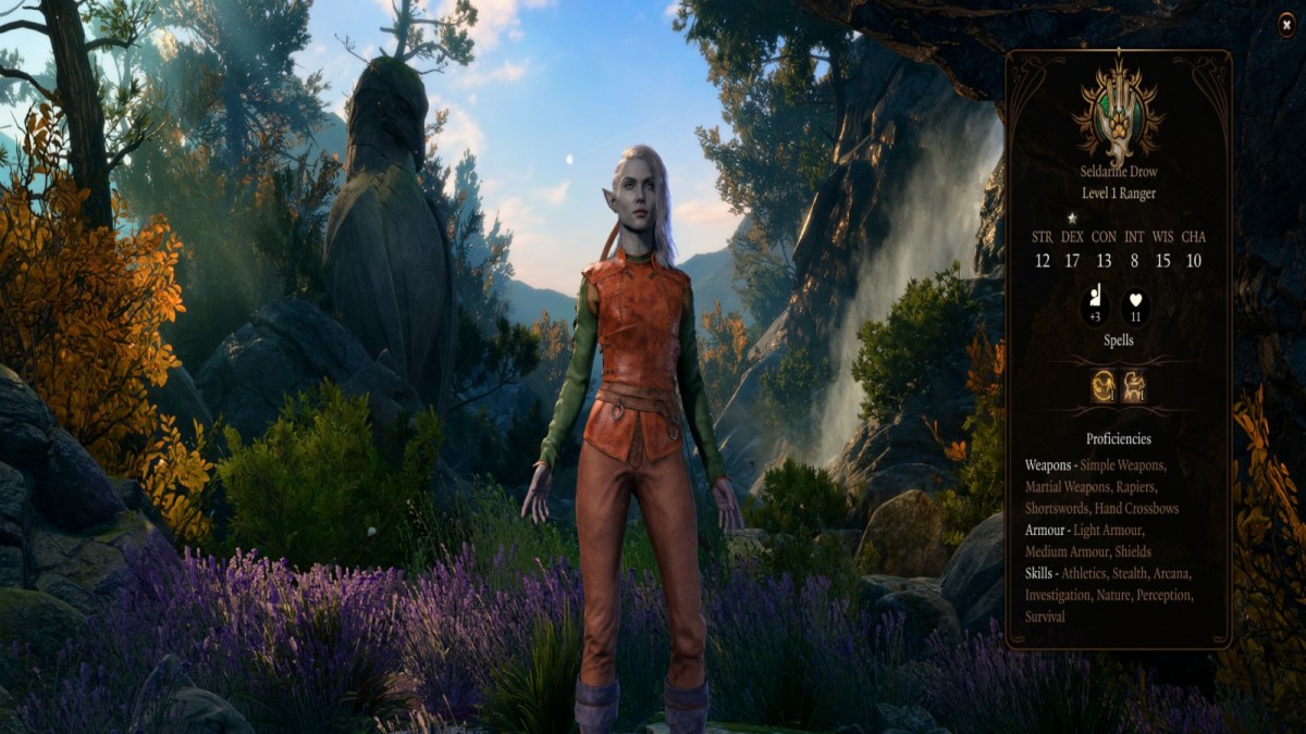 A Drow Ranger is shown in the character creation screen in Baldur's Gate 3.