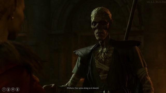 Withers, an undead ally, is shown inside a dark room in Baldur's Gate 3.