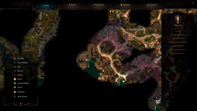 A screenshot of the map in Baldur's Gate 3 showing the location of the scuffed rock with one white circle and three blue.