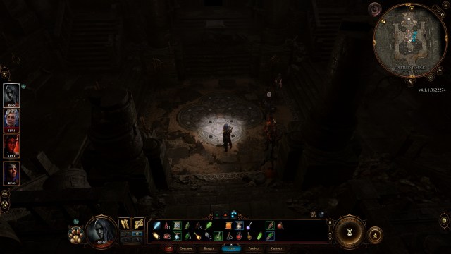 A Baldur's Gate 3 character completing the stone disc puzzle.