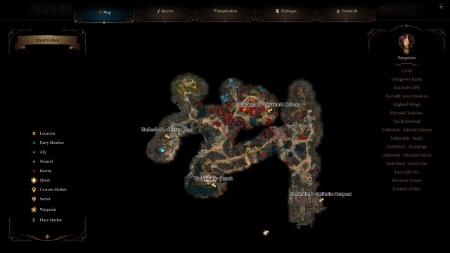 A screenshot of the Underdark map in Baldur's Gate 3.