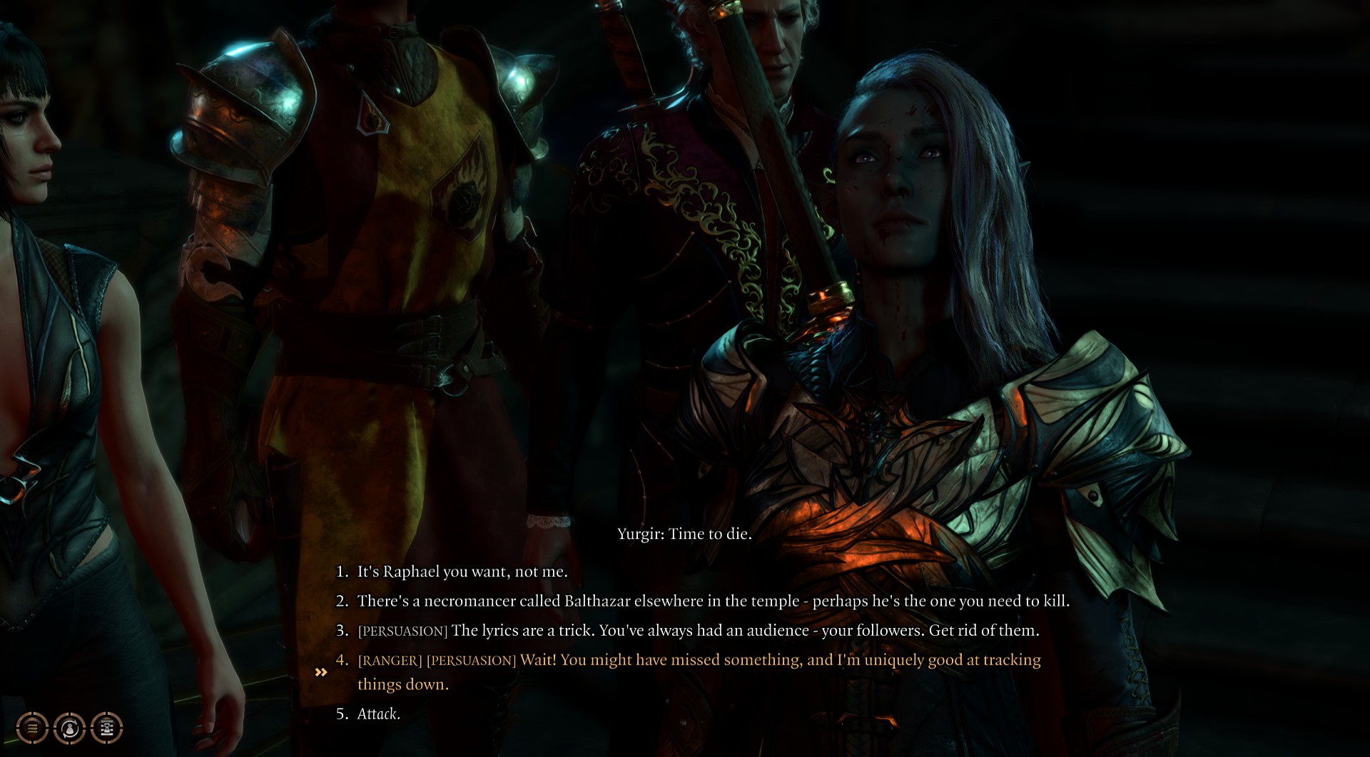 A Drow in Baldur's Gate 3 is shown interacting with an off-screen character.