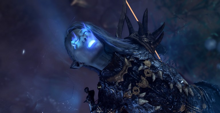 A Drow in Baldur's Gate 3 being mind controlled, with glowing blue eyes and mouth.