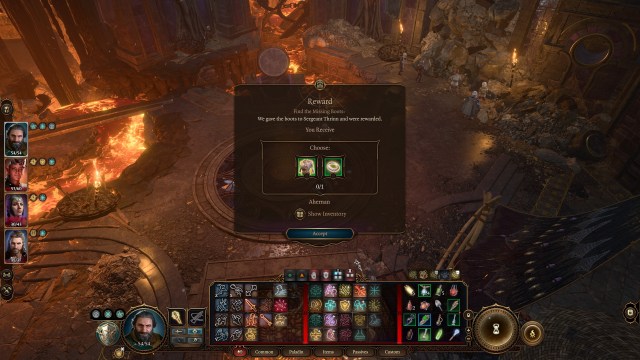 A rewards menu offering a choice between a chestpiece and a ring for returning the boots to Thrinn in Baldur's Gate 3.