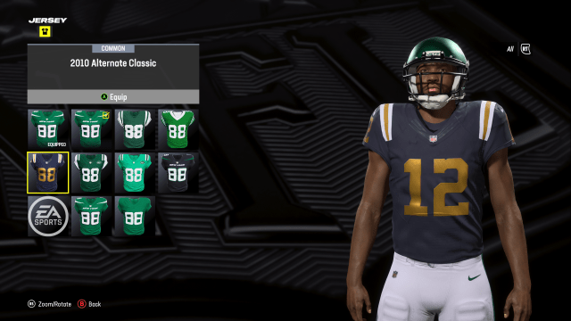 A custom player in Madden 24 wearing the New York Jets 2010 Alternate Classic jersey.