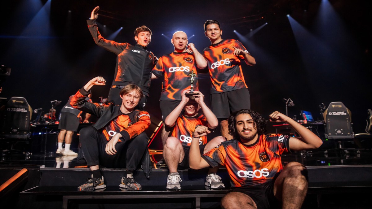 Fnatic poses onstage after victory against FUT Esports at VALORANT Champions Los Angeles Playoffs Stage at the Shrine Expo Hall on August 18, 2023 in Los Angeles, California.