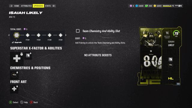 The upgrade options for the Isaiah Likely Headliner Front Page card in Madden 24.