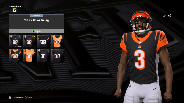 A custom player in Madden 24 wearing the Cincinnat Bengals 2019 jersey.