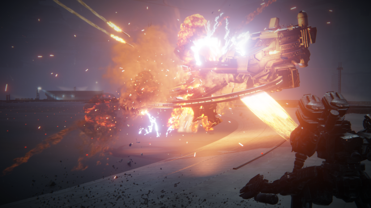 Image displays the final moments of an explosive boss fight in Armored Core 6.