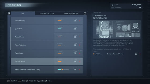 Displays the description for OST Terminal Armor in AC6.