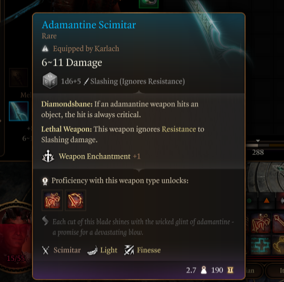 Displays item stats for Adamantine Scimitar.