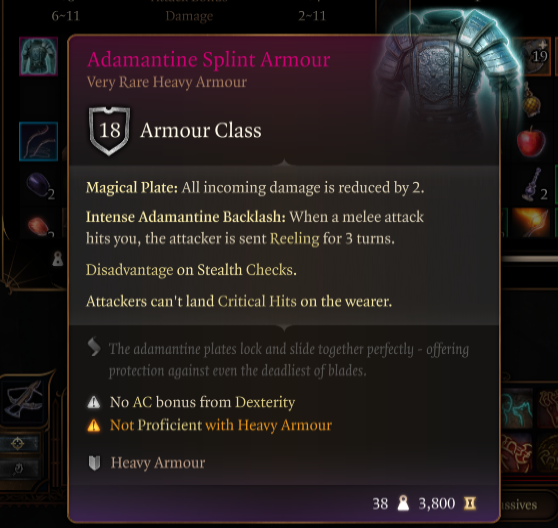 Displays item stats for Adamantine Splint Armor.