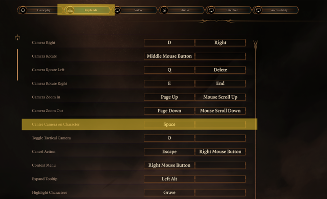 Displays the Keybinds menu in Baldur's Gate 3, with Center Camera on Character highlighted.