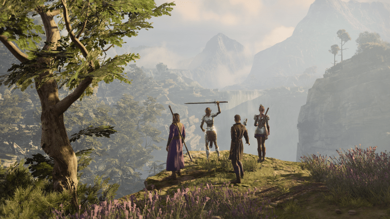 Image displays a fantasy landscape in Baldur's Gate 3 with four adventurers on a hillside.