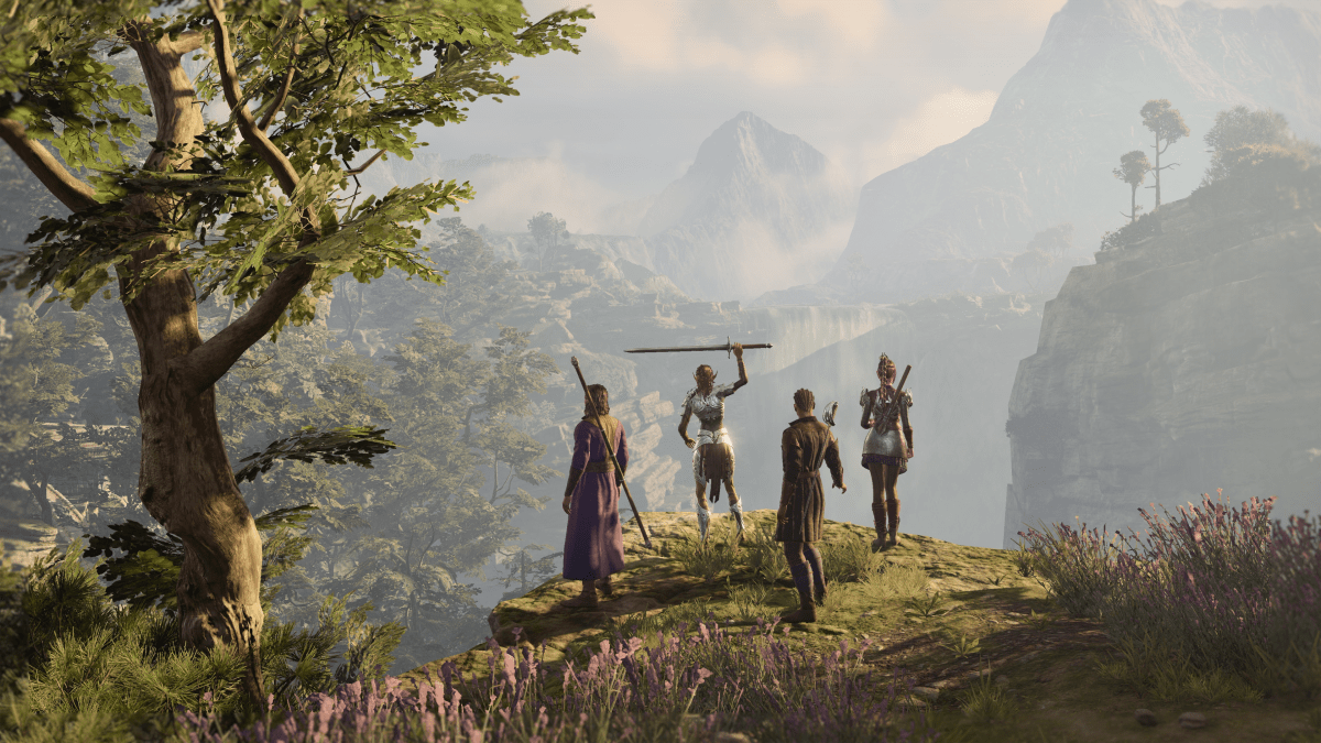 Image displays a fantasy landscape with four adventurers on a hillside.