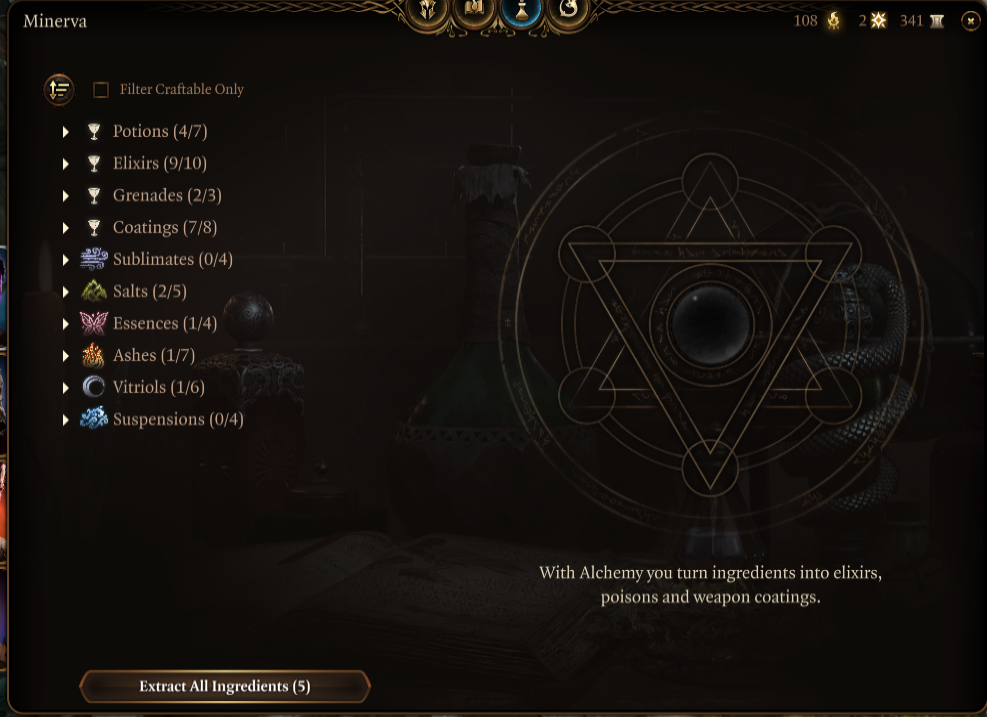 A display of the Alchemy menu in Baldur's Gate 3, with a pentagram and options to expand additional menus.