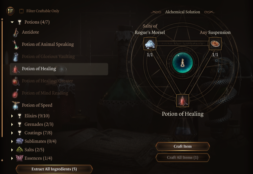 Image displays the recipe for a Potion of Healing in Baldur's Gate 3.