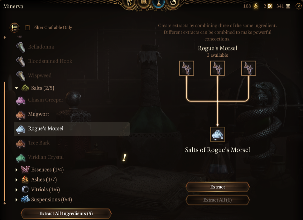 Displays the option to create a Salts of Rogue's Morsel in Baldur's Gate 3.