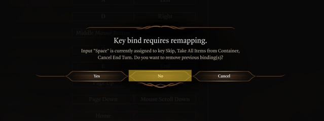 Displays the Key bind remapping prompt in Baldur's Gate 3.