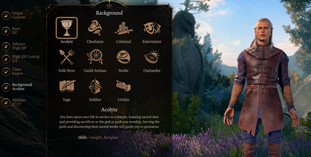 Image displaying the background selection menu in Baldur's Gate 3